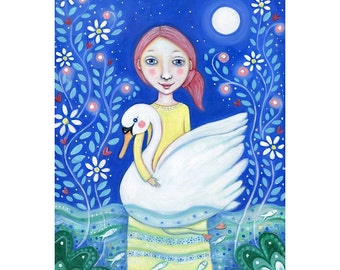 Girl and swan wall art print, swan picture girl's room art, nursery swan art whimsical folk painting swan in water wall decor