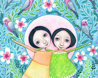 Parrot Wall Art - Twin Girls Painting - Best Friends Print -  Galah Print - Children's Room Picture - Gift for Best Friend