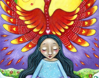 Phoenix Totem Girl and Firebird Art Print - Animal Guides Wall Decor - Children's RoomArt