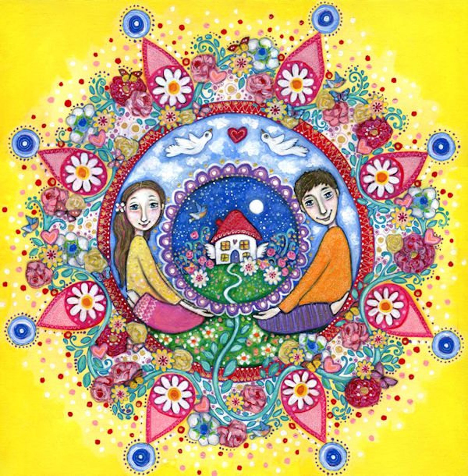 Garden mandala 12 x 16 art print flower mandala whimsical folk Etsy