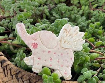 Flying Elephant Ceramic Brooch, handmade clay pin by Lindy LONGHURST