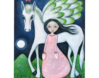 Winged horse wall print pegasus and girl art pegasus A3 folk art print flying horse art girl's room art children's wall decor Indigo child