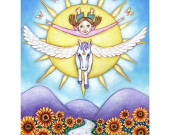 The Sun Tarot Wall Art Print,Flying Pegasus Wall Art , Tarot Card Painting, Girls Room Wall Decor, Children's Art