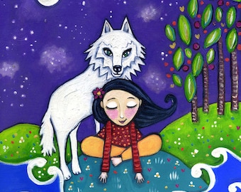 White wolf art print girl whimsical folk fantasy childrens wall decor illustration by Lindy Longhurst - 'White Wolf"