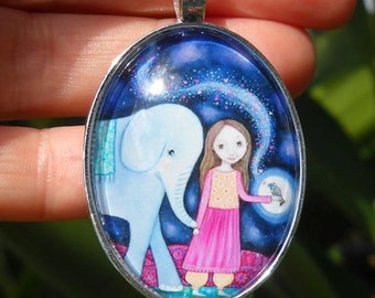 Girl and Elephant Necklace Nightingale Pendant Cute Elephant Jewelry Gift for Friend Sister Silver plated Elephant and Girl  Art Jewellery