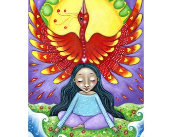 Phoenix totem wall art, Firebird Girl print, animal guide art, children's room phoenix spiritual art gift for friend whimsical phoenix art