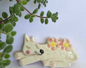 White dog ceramic Brooch, handmade clay dog brooch by Lindy LONGHURST