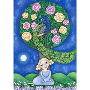 Peacock and Girl Wall Art Print Peacock Art Folk Art Painting Art for Kids Nursery Girls Art Roses Peacock Wall Decor Whimsical folk picture