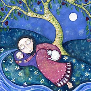 May include: A painting of a woman and a child sleeping under a tree with a white cat curled up on her lap. The scene is set at night with a full moon in the sky and a river flowing in the foreground.
