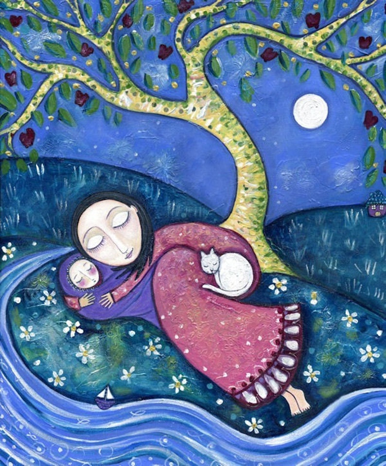 May include: A painting of a woman and a child sleeping under a tree with a white cat curled up on her lap. The scene is set at night with a full moon in the sky and a river flowing in the foreground.