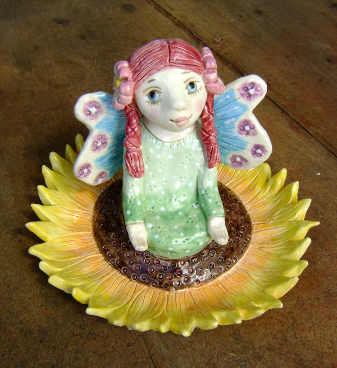 Ceramic Fairy Figurine sitting in a Sunflower Meditation Etsy