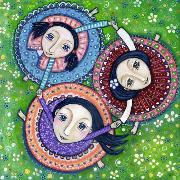 Three Sisters Art Print Girls Dancing Whimsical Folk Art Girls room Art 3 Best Friends Art Childrens Wall Decor - 'Ring A Ring O' Rosie'