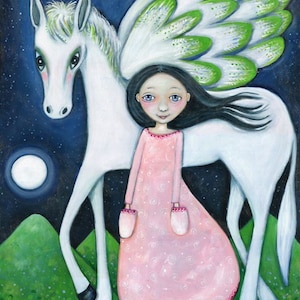 Winged horse wall print pegasus and girl art pegasus A3 folk art print flying horse art girl&#39;s room art children&#39;s wall decor Indigo child