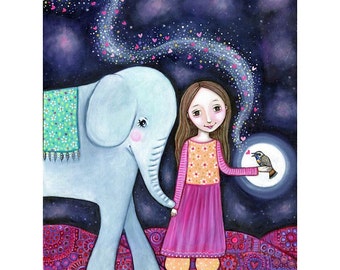 Girl and elephant art print, nightingale bird art, whimsical folk art naive art kids wall art decor Elephant painting gift for friend