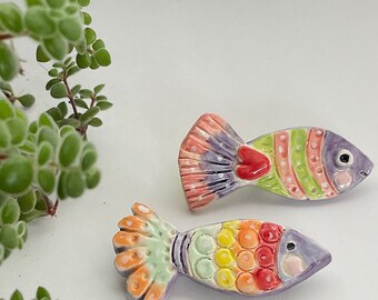 Two Rainbow fish Ceramic brooches,, handmade clay fish pin by Lindy LONGHURST