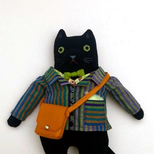 Black Kitty Professor Boy wool doll Cat around town Stripes