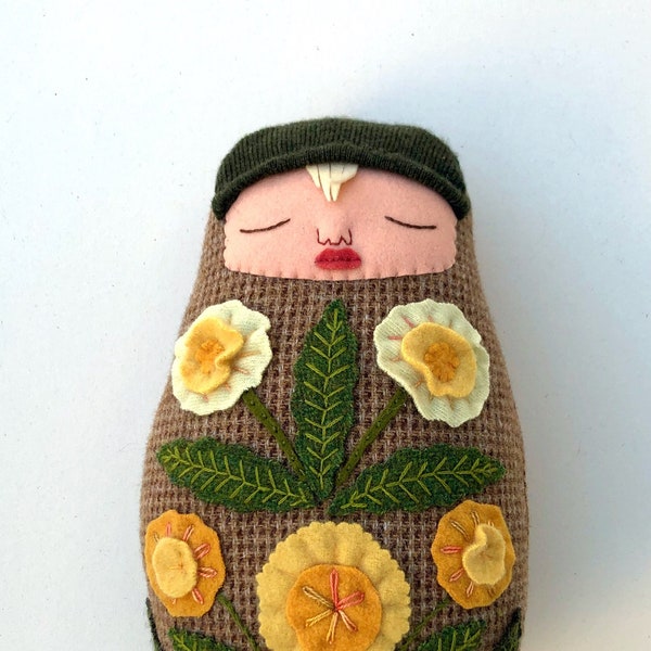 Blond Swaddled Flower Folk Art Baby wool doll