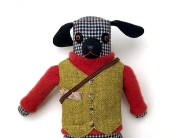 Hiker Hound Dog doll Black and White Check wool