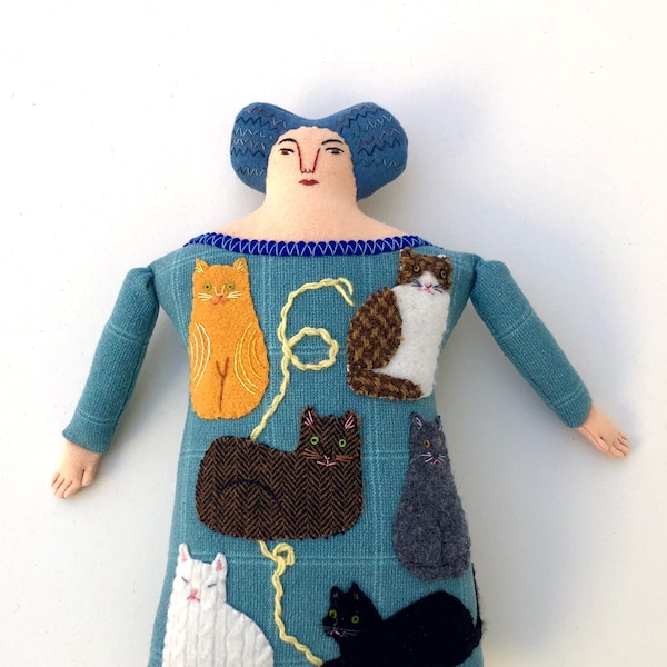 Cat Lady Lady Pillow doll wool reclaimed fabric folk art