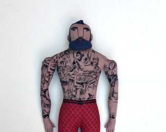 Tattooed Black Man Doll with Beard Skeleton Toile