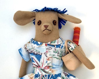 Tan Girl Dog Tropical Beach wool doll with clothes