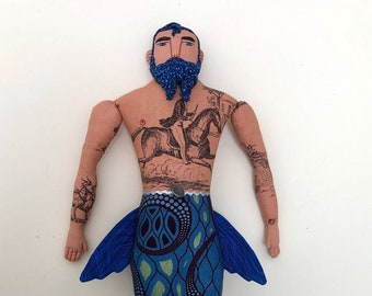 Merman with Horse and Skeleton Tattoos Beard Tentacles