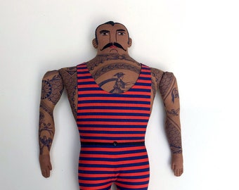 Big Man in Bathing Suit with Tattoos Mustache doll toile BIPOC doll