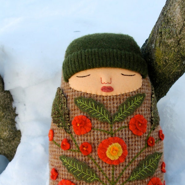 Swaddled Sleeping Flower Folk Art Baby wool doll