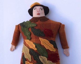 Autumn Lady Pillow doll wool cashmere reclaimed fabric folk art