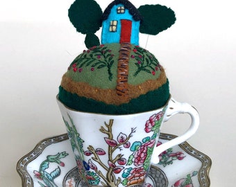 Flower Teacup Pincushion Tiny World House on a hill