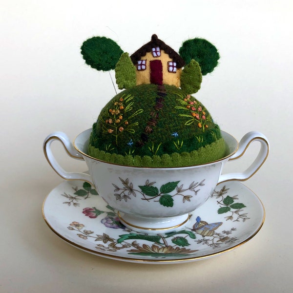 Fancy Garden Teacup Wool Pincushion Tiny World House on a hill