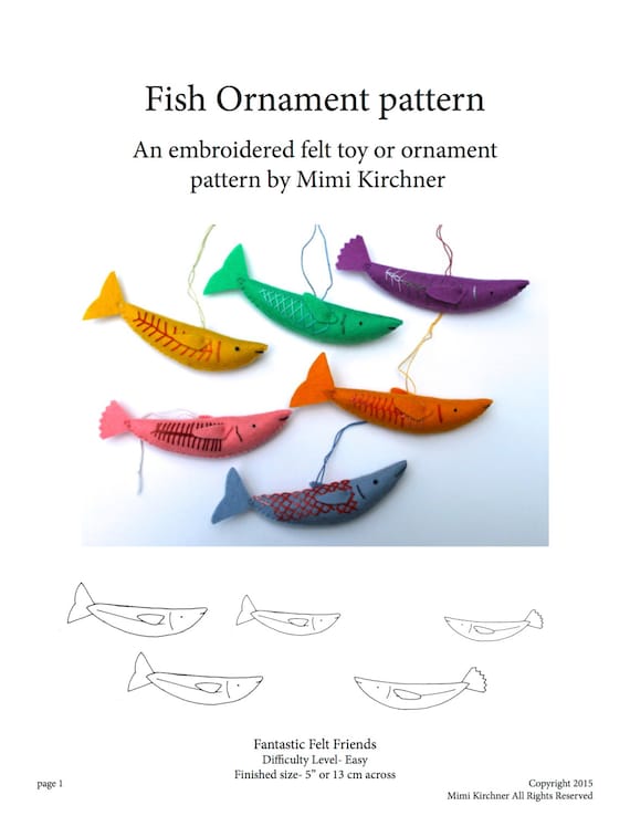 Fish Ornament pdf Pattern Tutorial Felt toy embroidery hand stitch