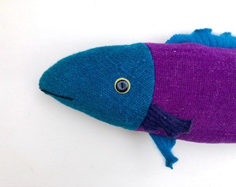 Fish Pillow Bright Purple and Aqua vintage wool doll  cabin ocean decor