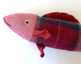 Orange Plaid Fish Pillow wool doll cabin ocean decor