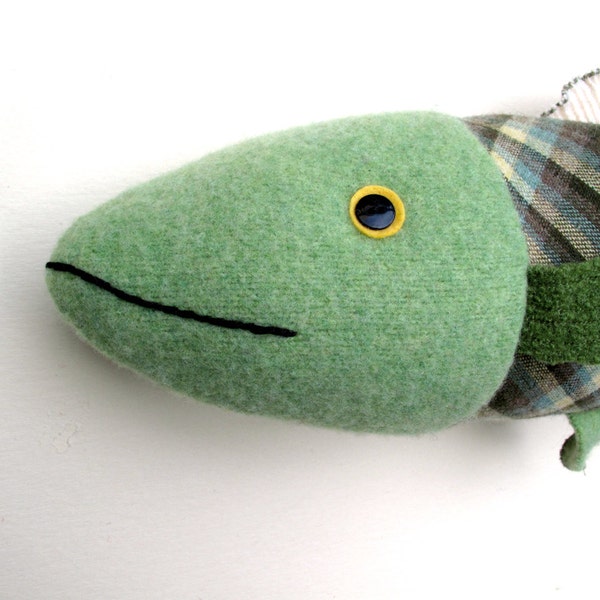 Plaid and green wool fish pillow