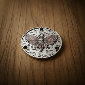 Gothic Skull and Moth Metal Guitar Medallion, Fits Gibson & Epiphone Les Paul