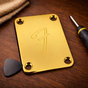 Fender Tribute 70s “F” Style Neck Plate for Strat & Tele, Gold Metal Replacement