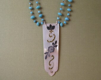 Victorian Mother of pearl necklace Vintage fan blades with inlaid Sterling silver on glass chain