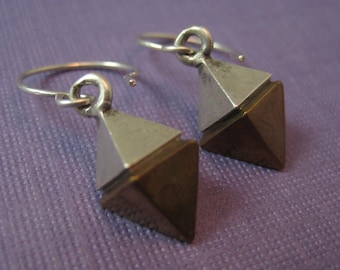 Bronze and sterling silver earrings long Diamond pyramid drops