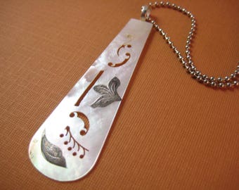 Victorian Mother of pearl necklace Vintage fan blades with inlaid Sterling silver on ball chain