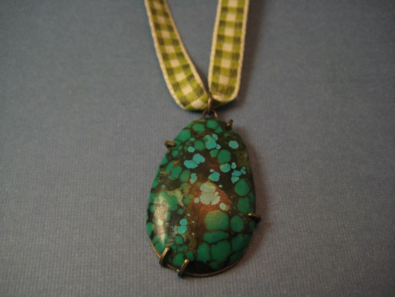 Teardrop turquoise pendant on gingham ribbon oval image 2