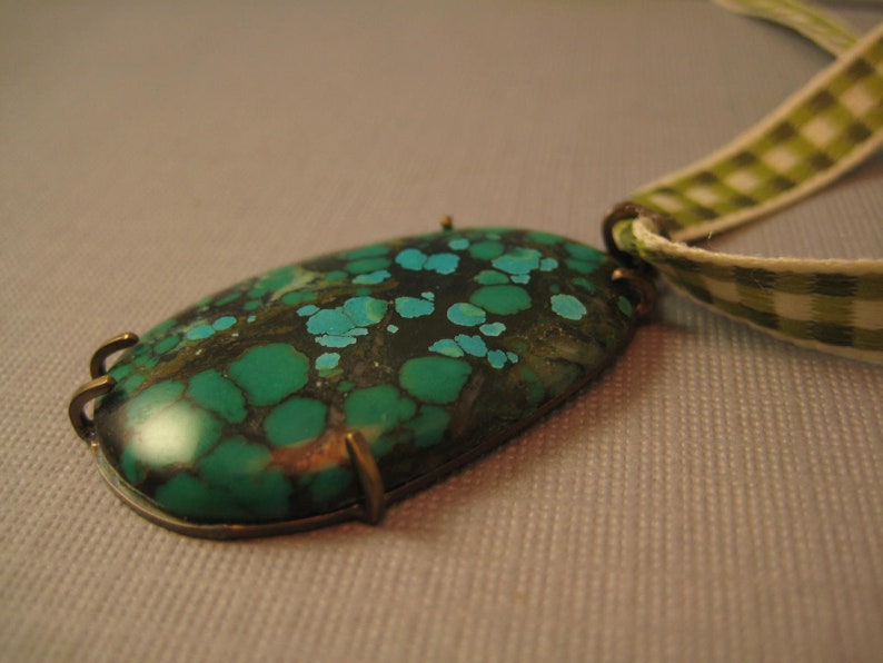 Teardrop turquoise pendant on gingham ribbon oval image 4