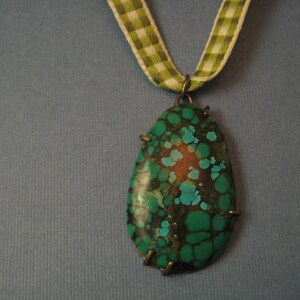 Teardrop turquoise pendant on gingham ribbon oval image 1