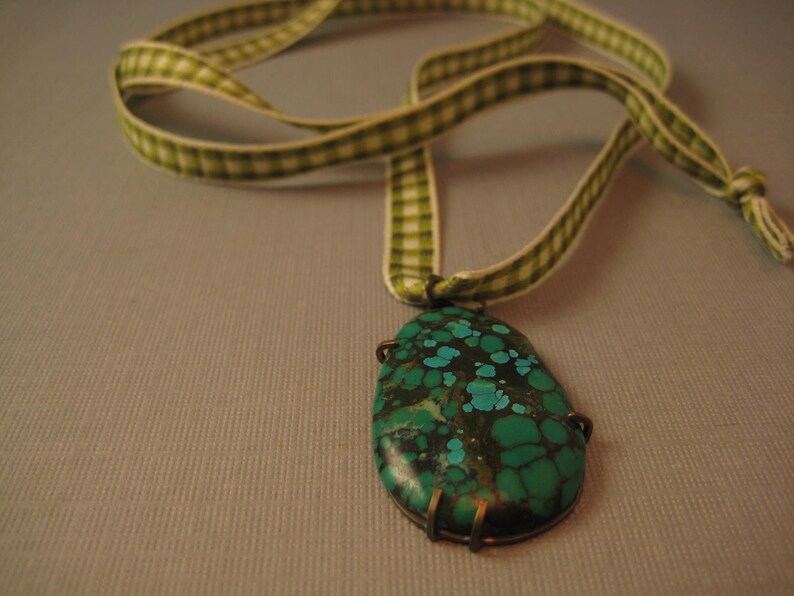 Teardrop turquoise pendant on gingham ribbon oval image 7