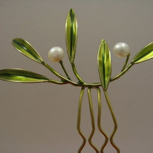 Bronze enamelled Pearl leaf branch hair comb