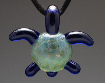 Hand Blown Glass "Honu" Sea Turtle Pendant - Blue
