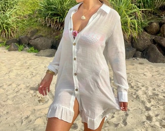 White beach mini dress. Beach cover up/ linen, frill, button up mini dress