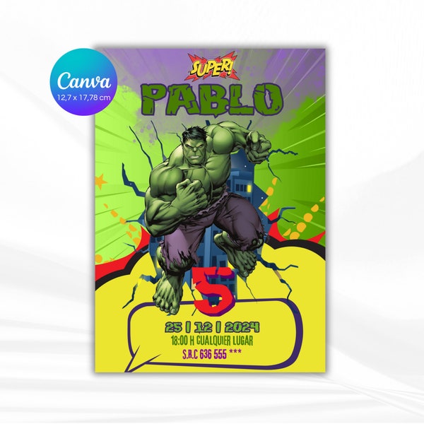 Invitación de Cumpleaños  Hulk - Plantilla Imprimible y Digital para Niños