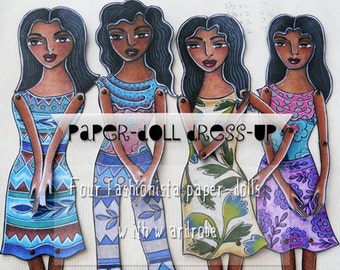 Boho dress-up paper-dolls printable with full color wardrobe