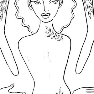 May include: A black and white line drawing of a person with a leafy design on their shoulder and neck. The person is depicted with their arms raised above their head.